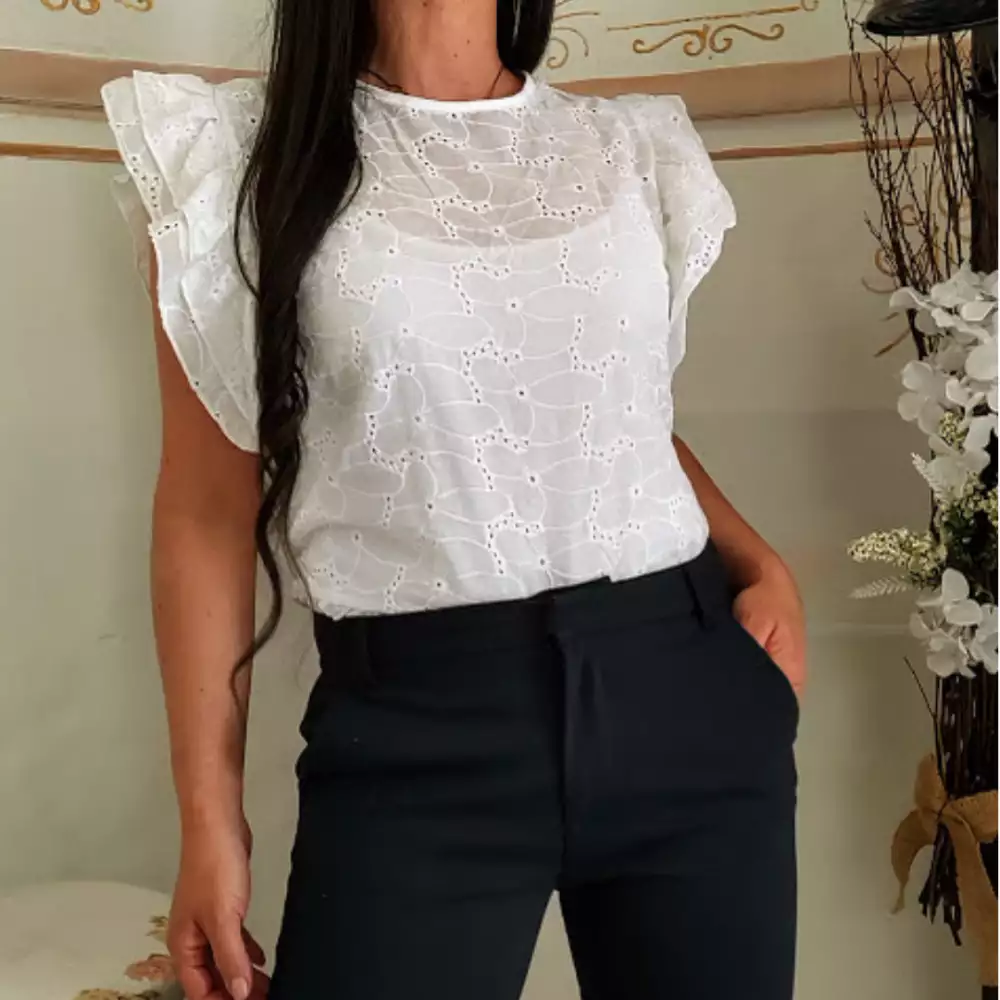 Blusa vintage blanca ojalillo con boleros talla M/L