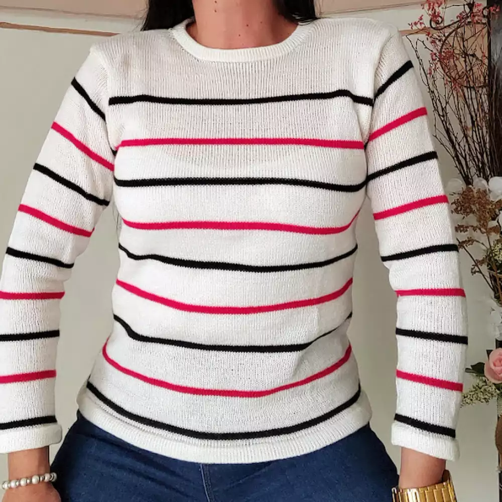 BUZO TEJIDO RAYAS BEIGE| Talla S La Plaza Morada