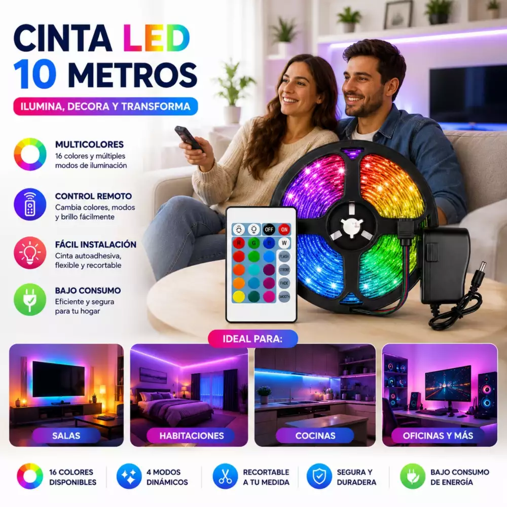 Cinta LED De 10 Metros Multicolor RGB Tira Flexible Autoadhesiva Para Decoración