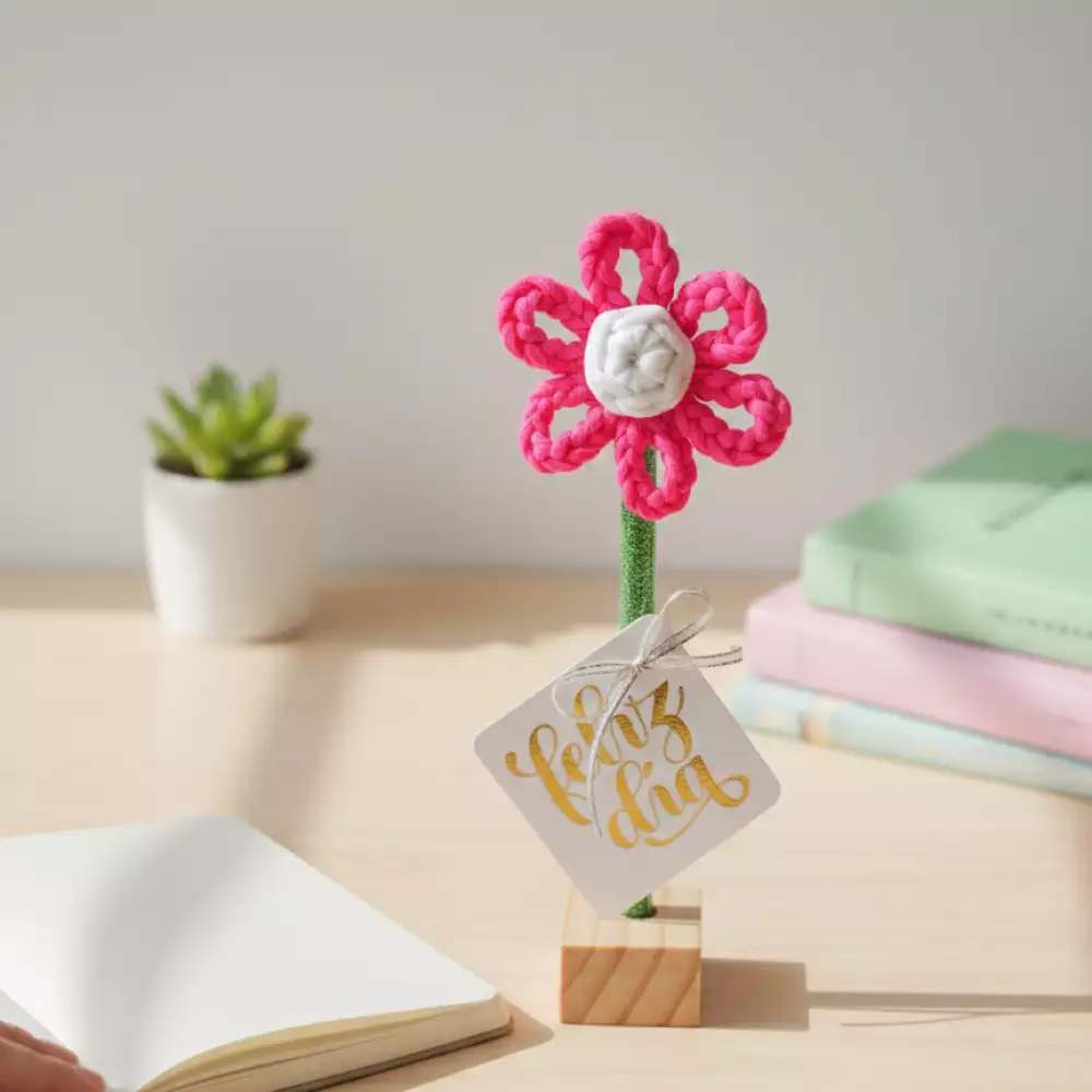 Flor decorativa crochet rosa base madera trapillo