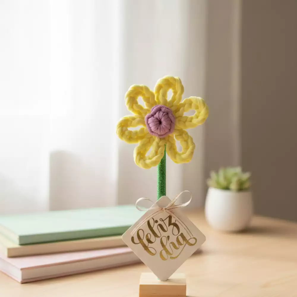 Flor decorativa en crochet amarilla con base madera tejida