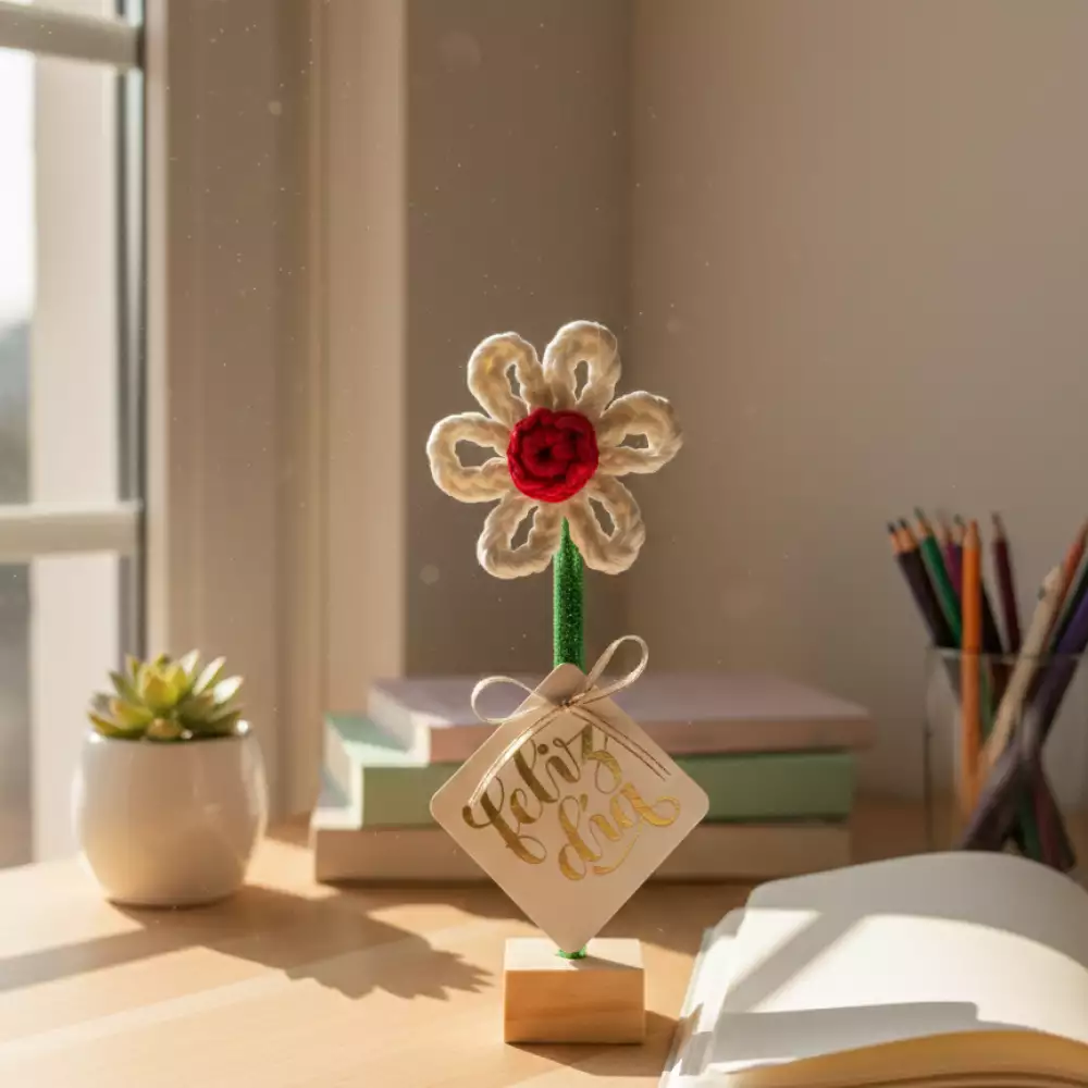 Flor decorativa en crochet blanca con base madera tejida