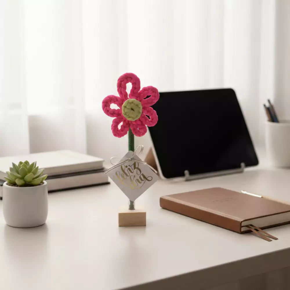 Flor decorativa en crochet rosa con base madera hecha a mano