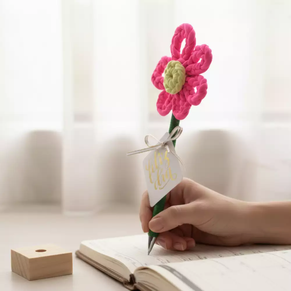 Flor decorativa en crochet rosa con base madera hecha a mano