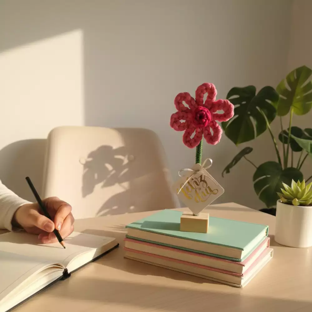Flor decorativa en crochet rosada con base madera artesanal