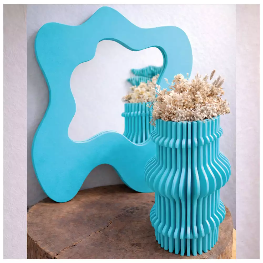 Kit Espejo + Florero Decorativo en MDF Pintado – Estilo Moderno (Color Azul )