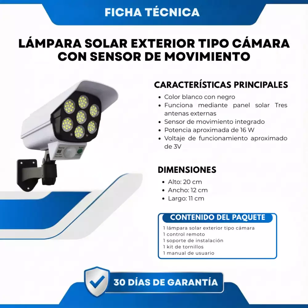 Lámpara Solar Exterior Tipo Cámara con Sensor de Movimiento