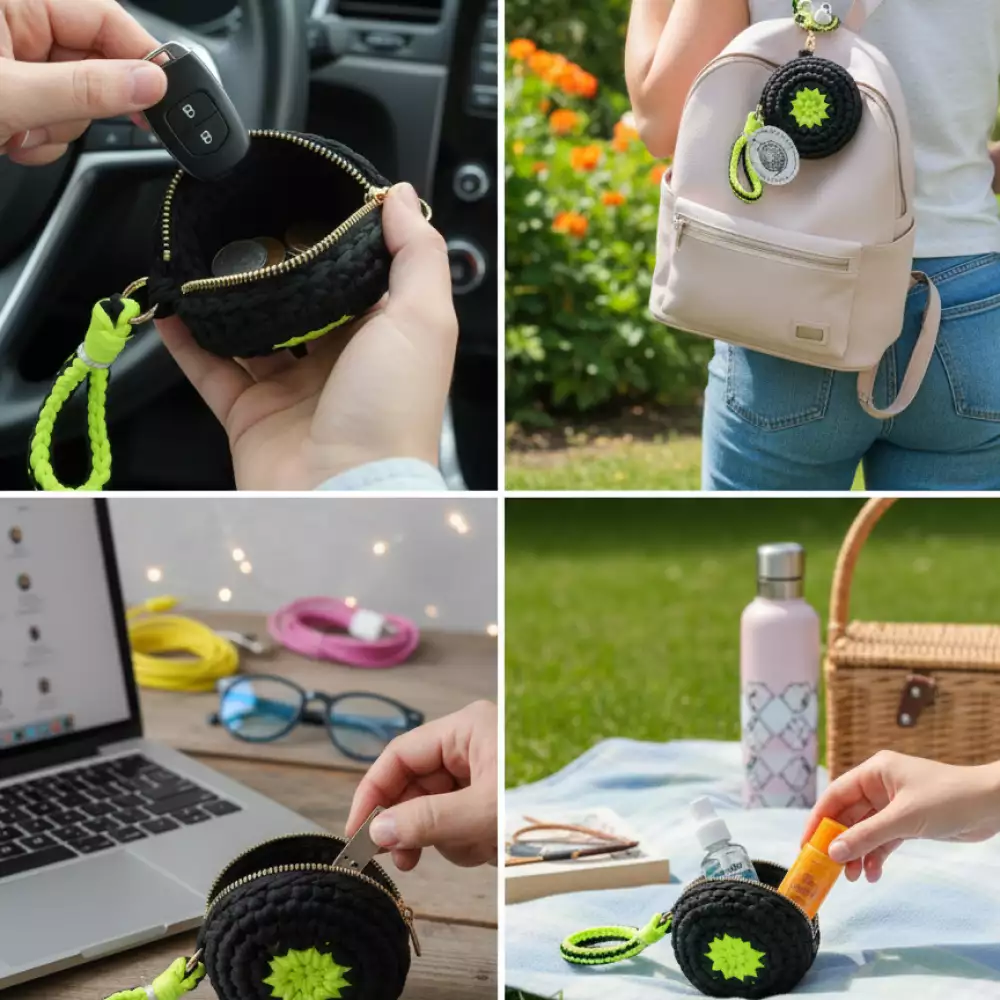 Monedero redondo mandala negro verde crochet