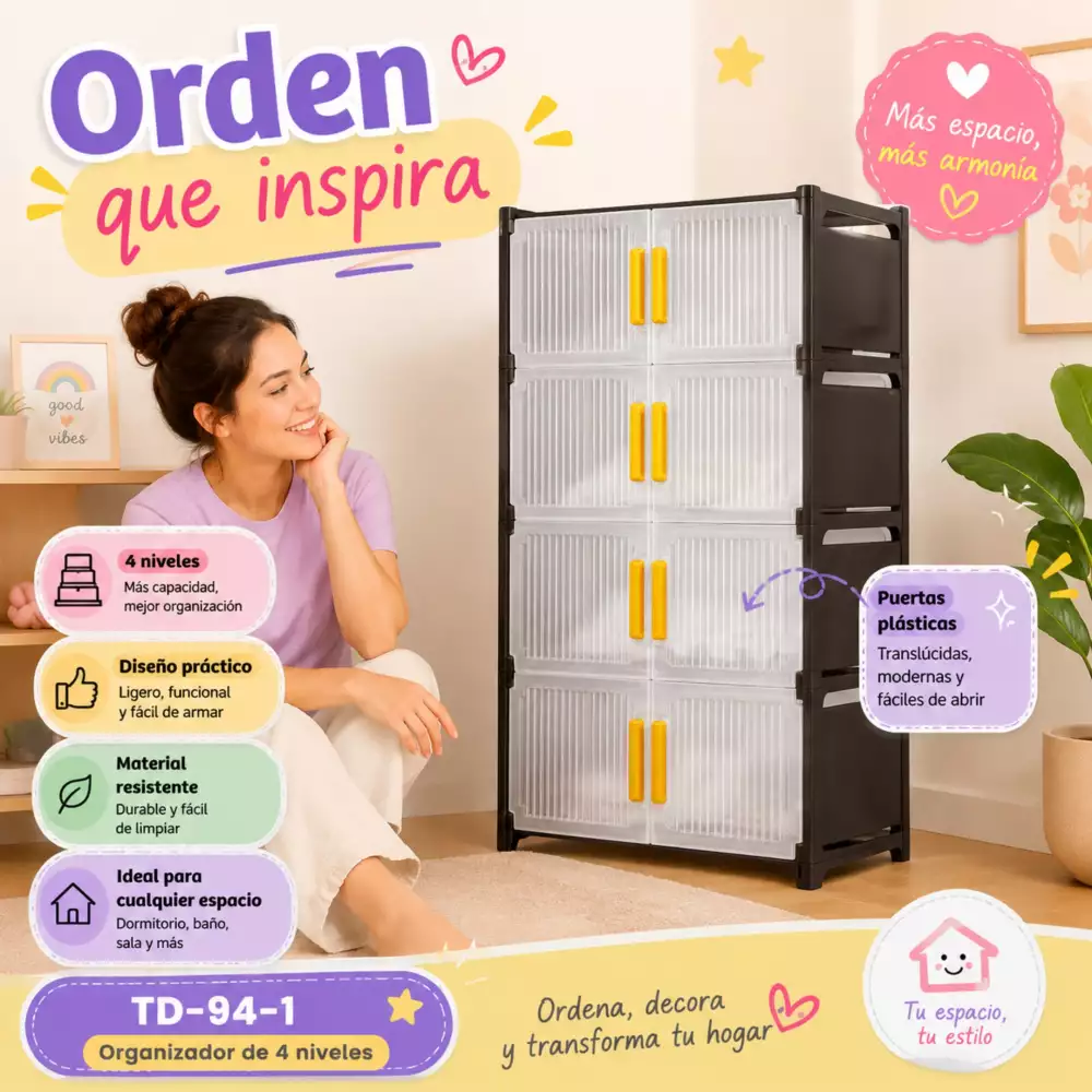 Mueble Organizador 4 Niveles Multiusos Tipo Armario Con Puertas Y Manijas TD-94-1