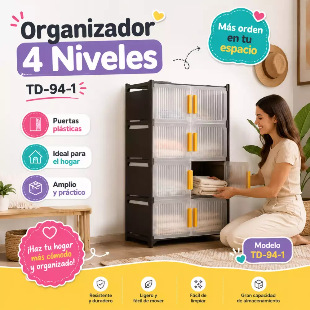 Mueble Organizador 4 Niveles Multiusos Tipo Armario Con Puertas Y Manijas TD-94-1