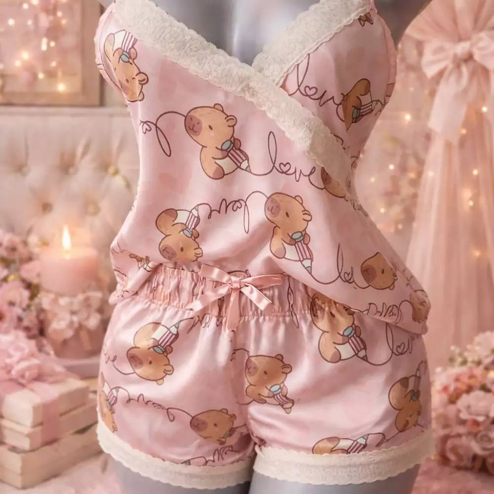 Pijama satinada de ositos para mujer rosada