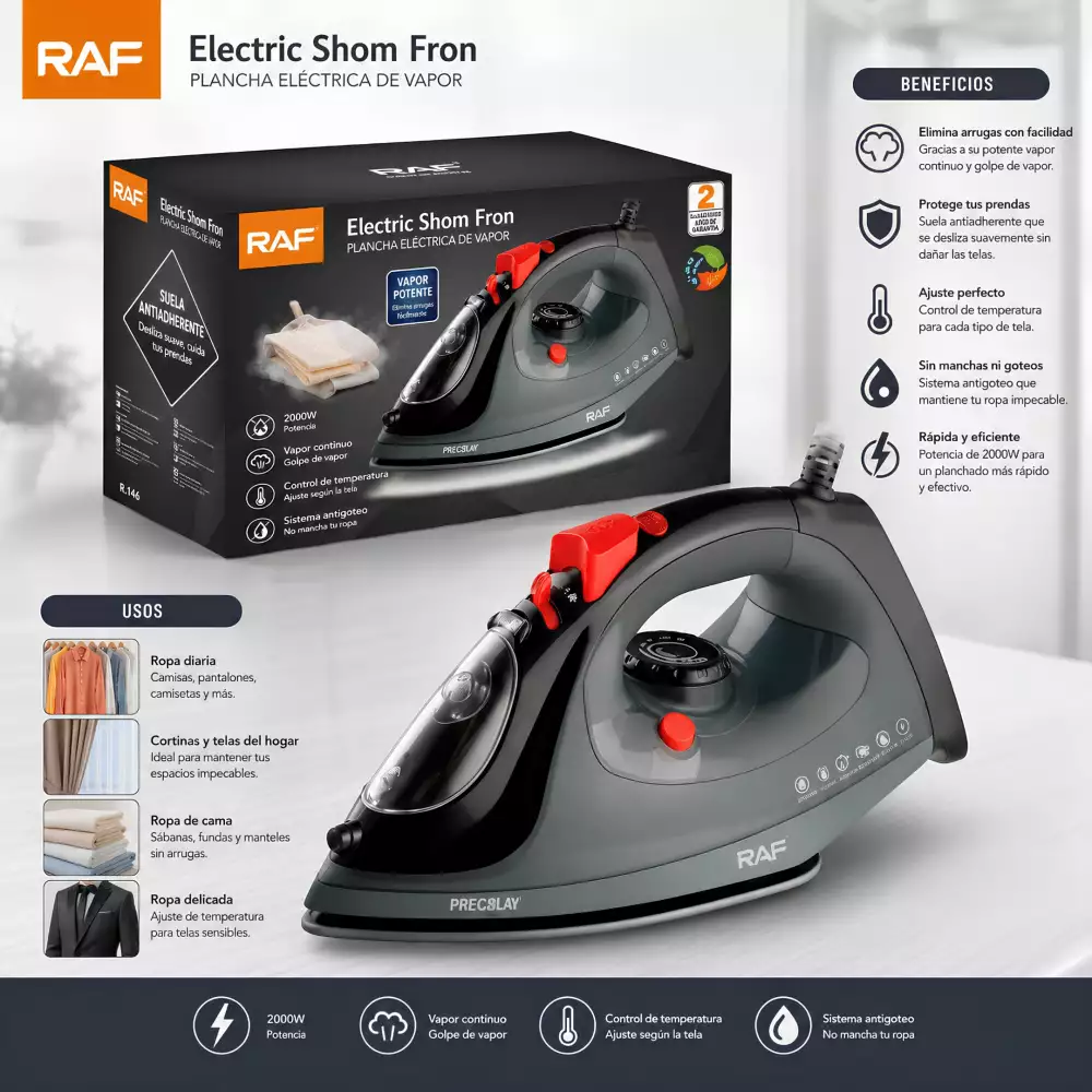 Plancha De Ropa Eléctrica A Vapor RAF R.91245G Sistema Antiadherente