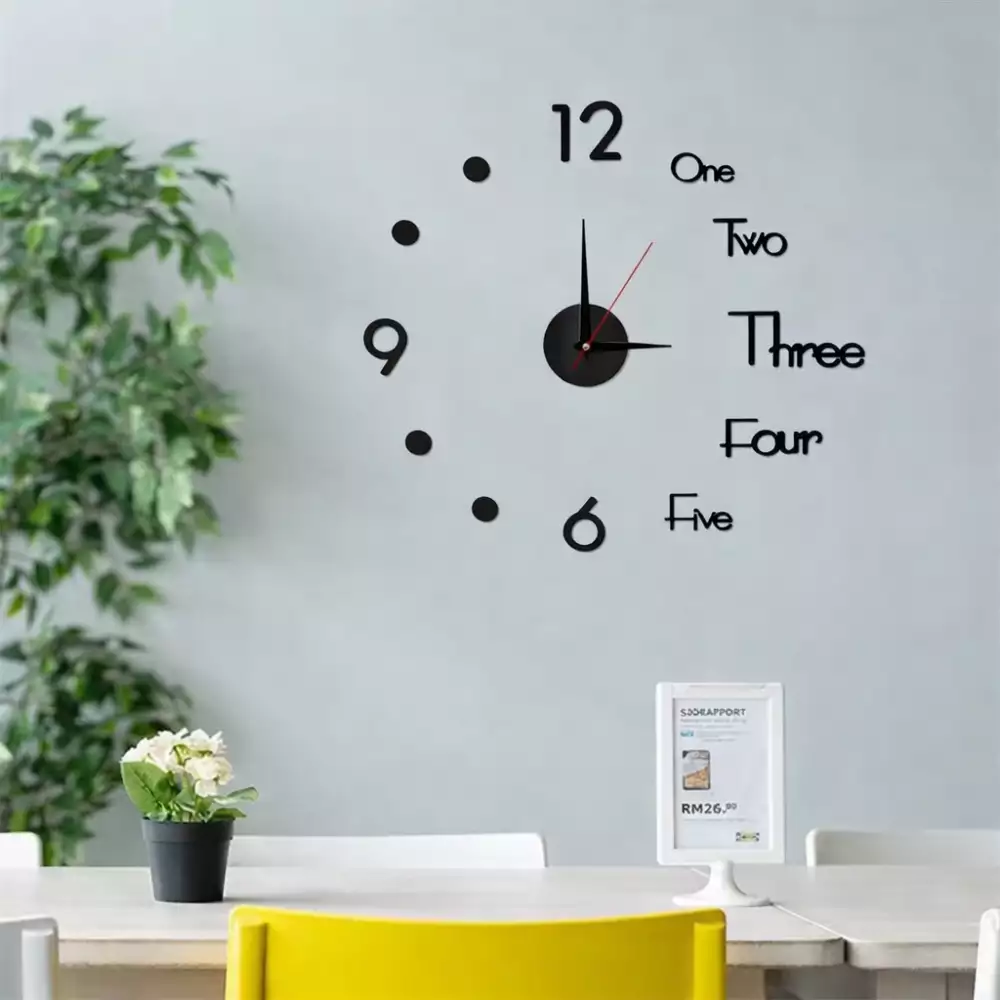 Reloj de Pared Decorativo Adhesivo Minimalista -Negro