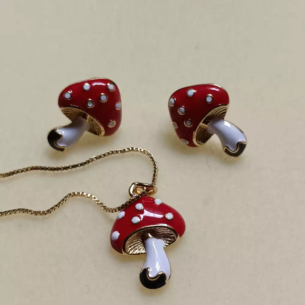 Set collar y aretes honguitos rojo y oro