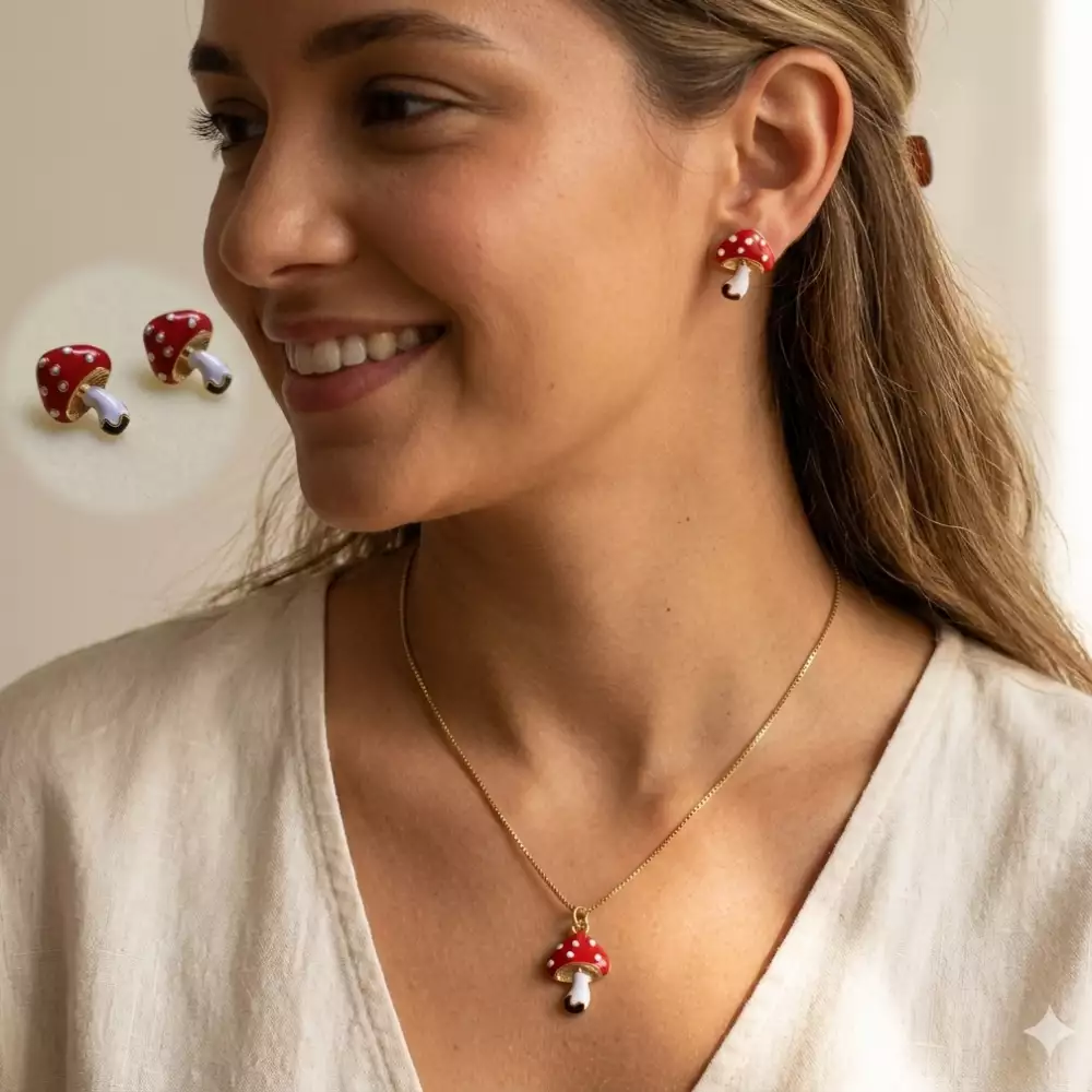 Set collar y aretes honguitos rojo y oro
