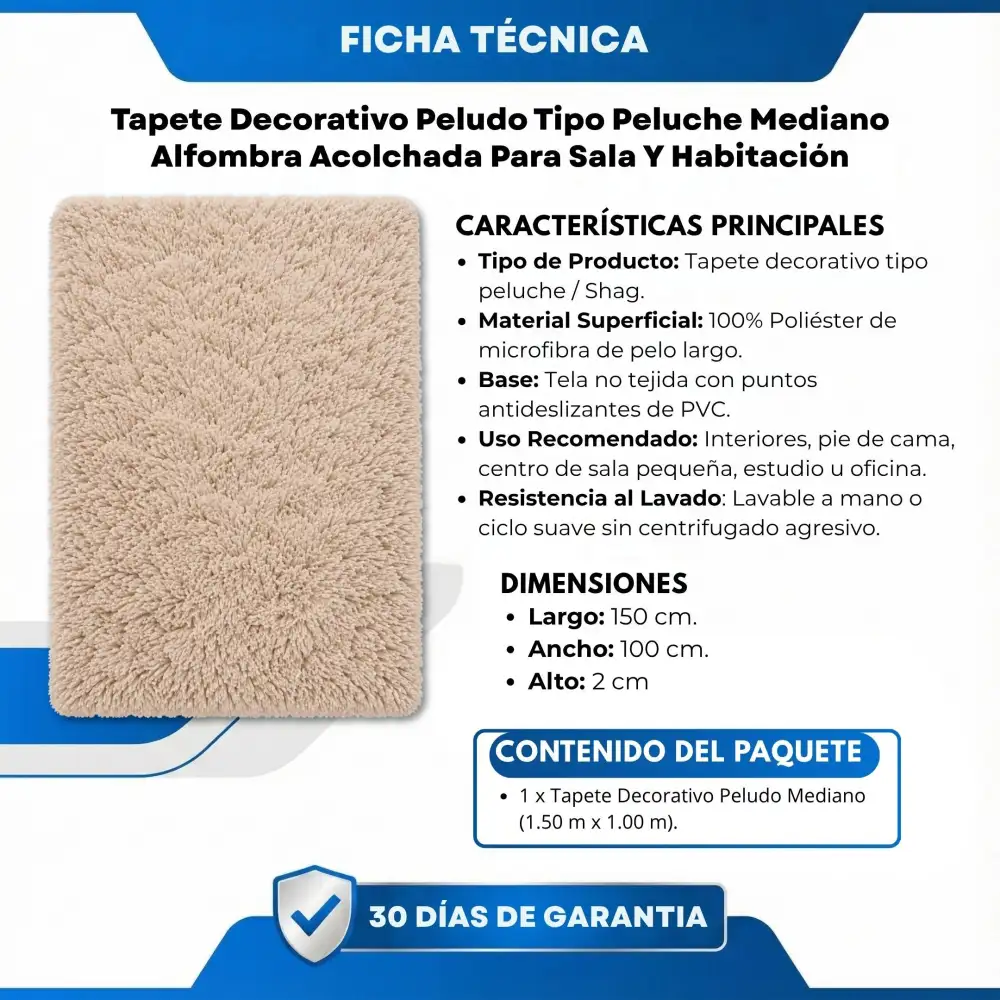 Tapete Decorativo Peludo Tipo Peluche Mediano Alfombra Acolchada Para Sala Y Habitación Beige