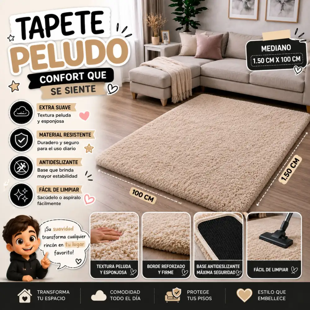 Tapete Decorativo Peludo Tipo Peluche Mediano Alfombra Acolchada Para Sala Y Habitación Beige