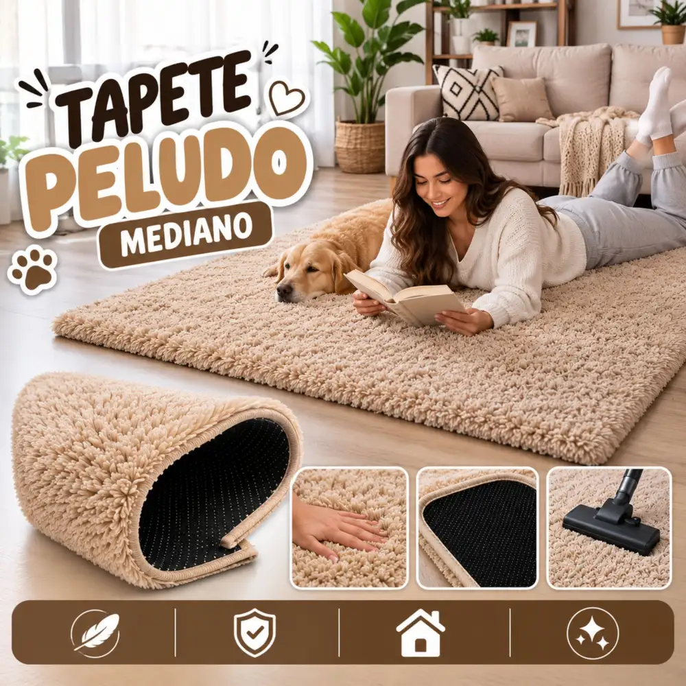 Tapete Decorativo Peludo Tipo Peluche Mediano Alfombra Acolchada Para Sala Y Habitación Beige