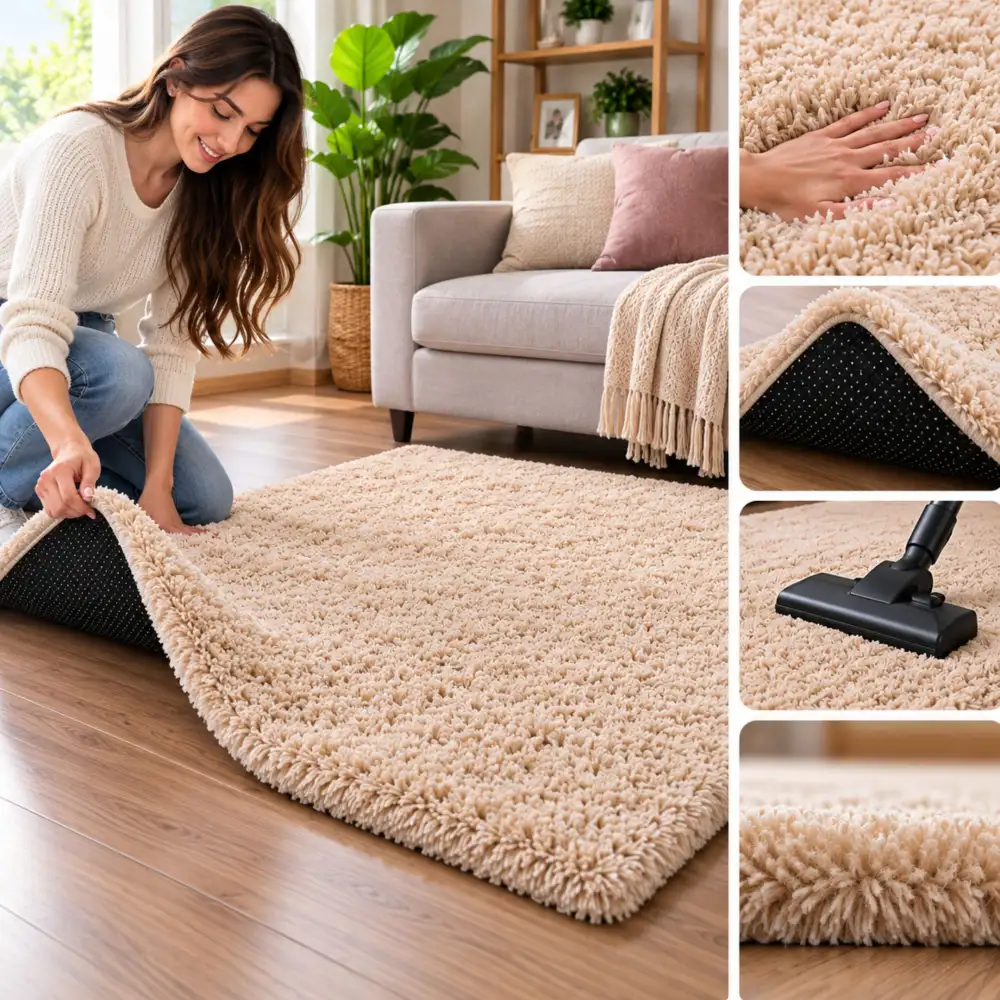 Tapete Decorativo Peludo Tipo Peluche Mediano Alfombra Acolchada Para Sala Y Habitación Beige