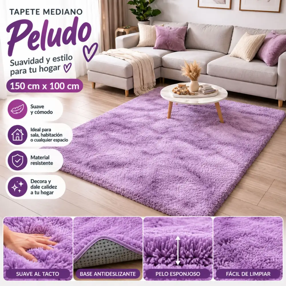 Tapete Decorativo Peludo Tipo Peluche Mediano Alfombra Acolchada Para Sala Y Habitación Lila