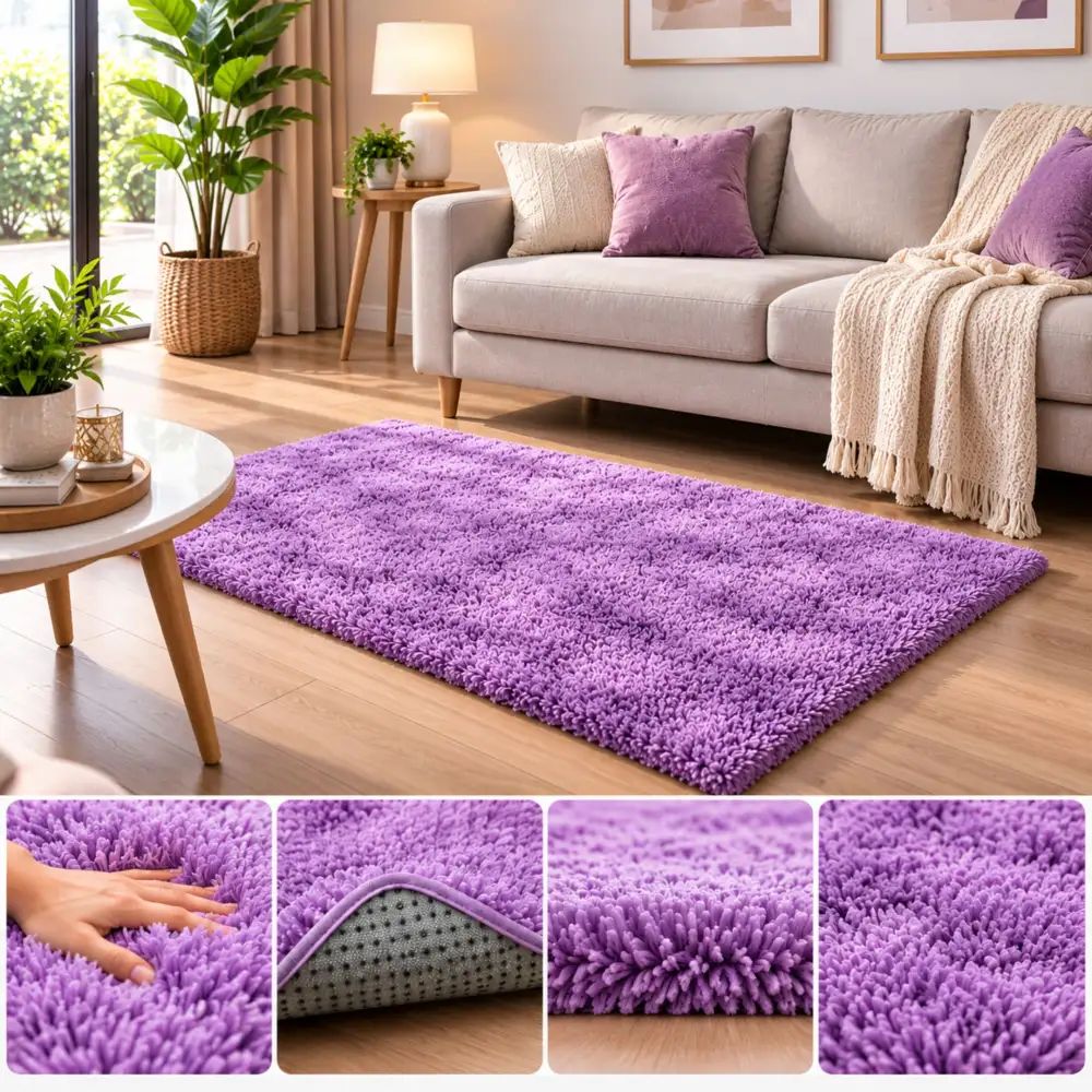 Tapete Decorativo Peludo Tipo Peluche Mediano Alfombra Acolchada Para Sala Y Habitación Lila