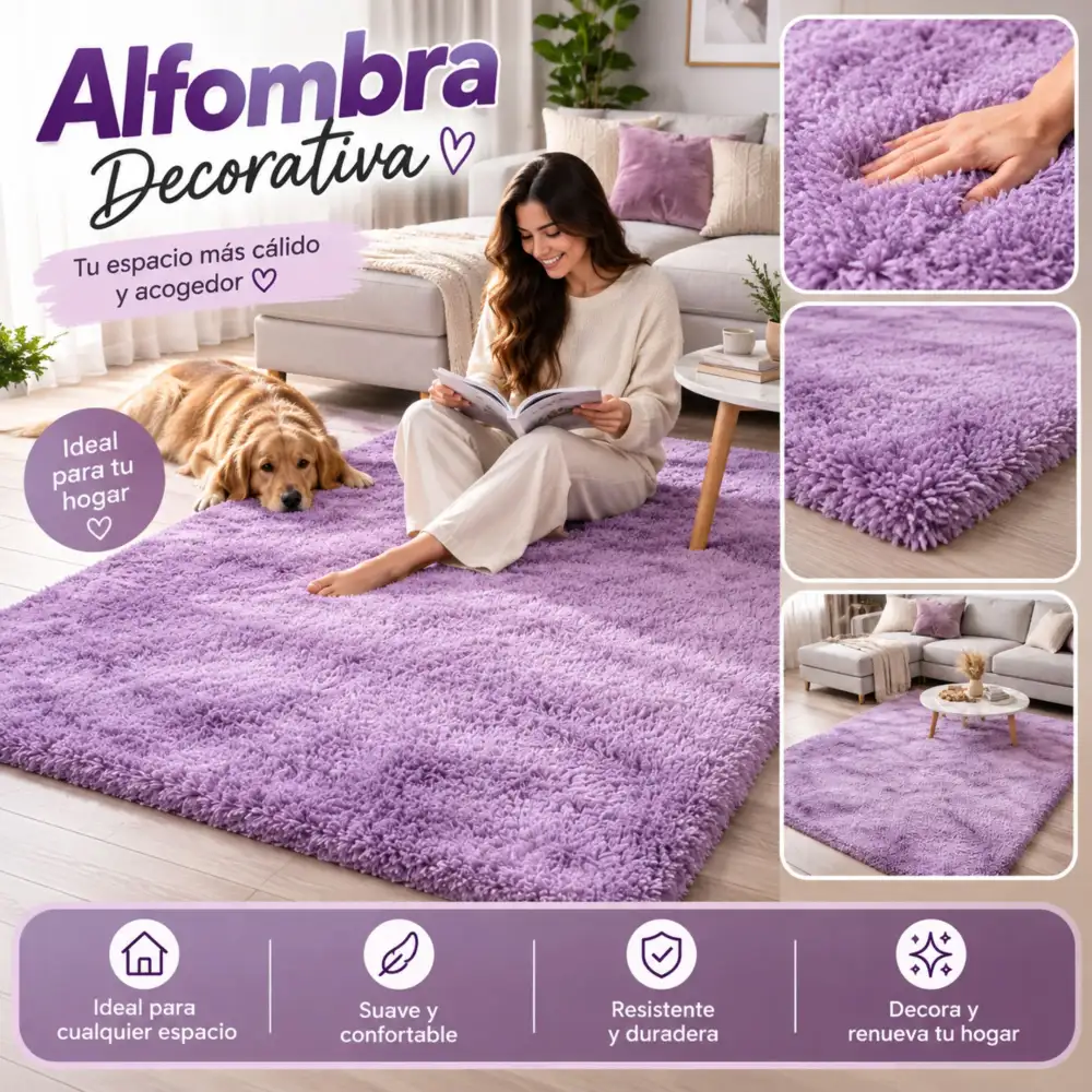 Tapete Decorativo Peludo Tipo Peluche Mediano Alfombra Acolchada Para Sala Y Habitación Lila