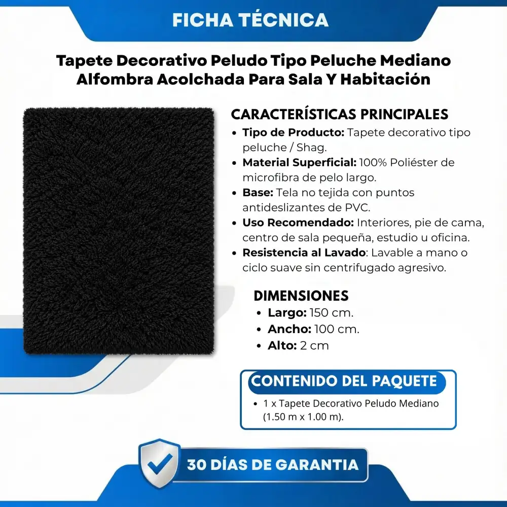 Tapete Decorativo Peludo Tipo Peluche Mediano Alfombra Acolchada Para Sala Y Habitación Negro