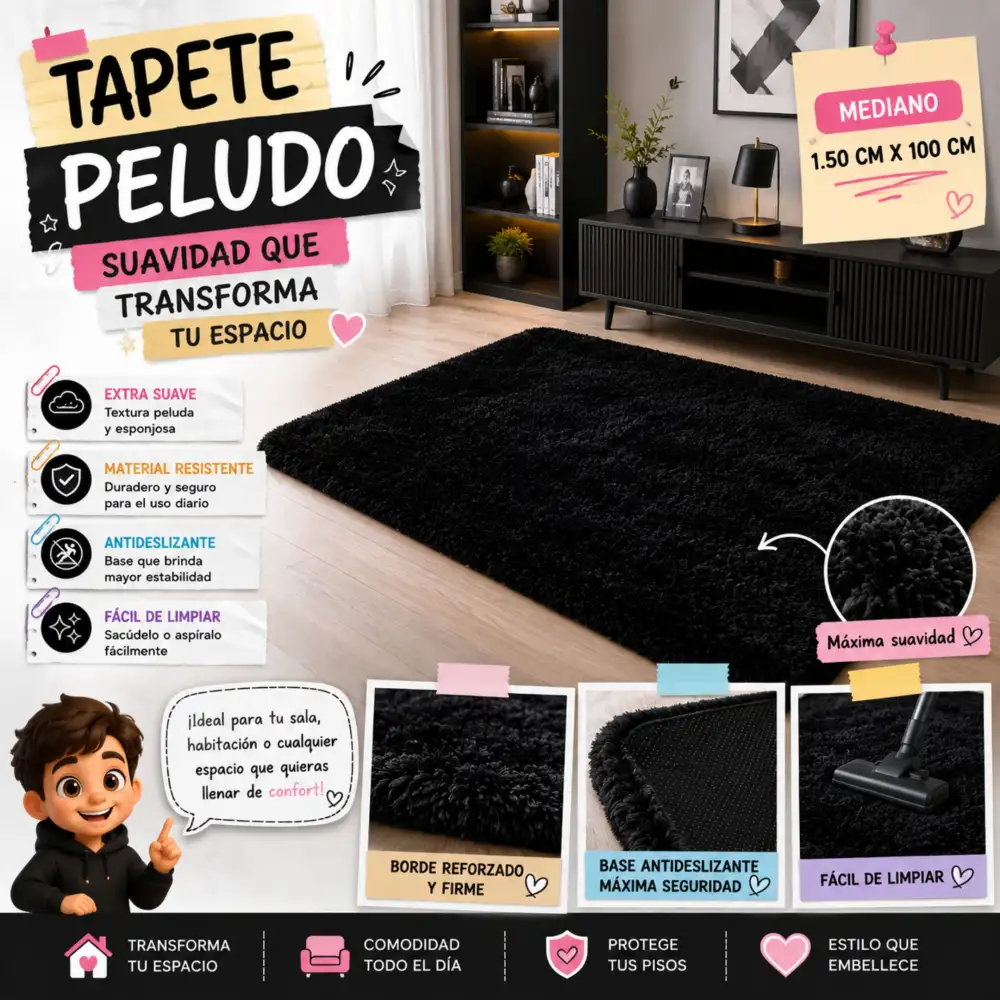 Tapete Decorativo Peludo Tipo Peluche Mediano Alfombra Acolchada Para Sala Y Habitación Negro