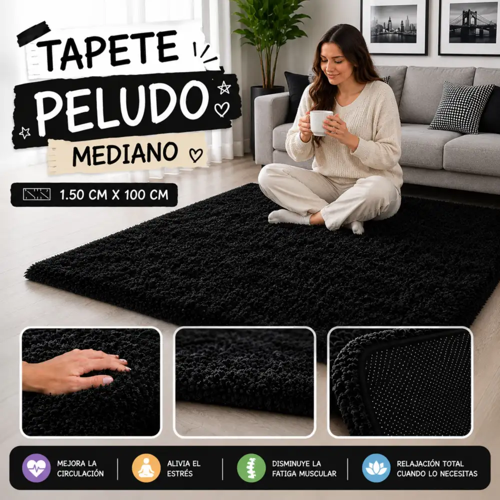 Tapete Decorativo Peludo Tipo Peluche Mediano Alfombra Acolchada Para Sala Y Habitación Negro