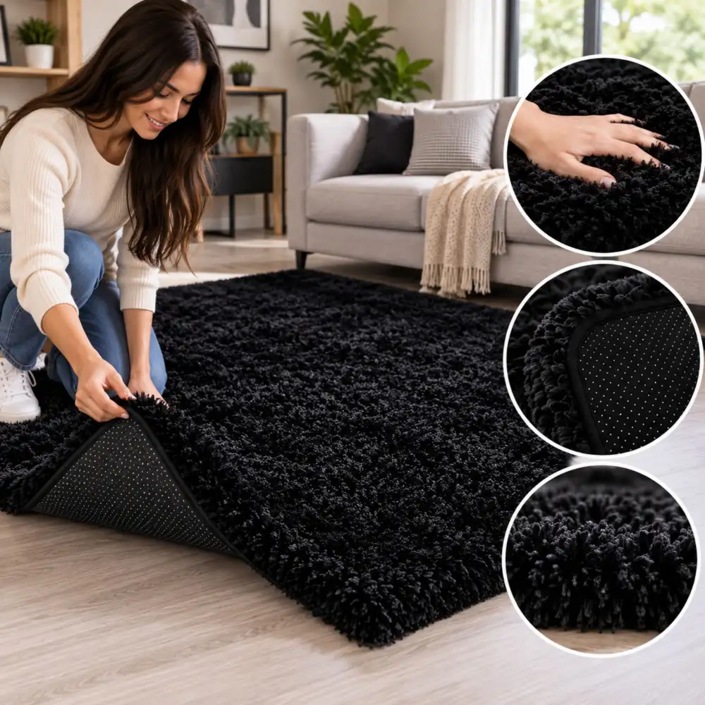 Tapete Decorativo Peludo Tipo Peluche Mediano Alfombra Acolchada Para Sala Y Habitación Negro