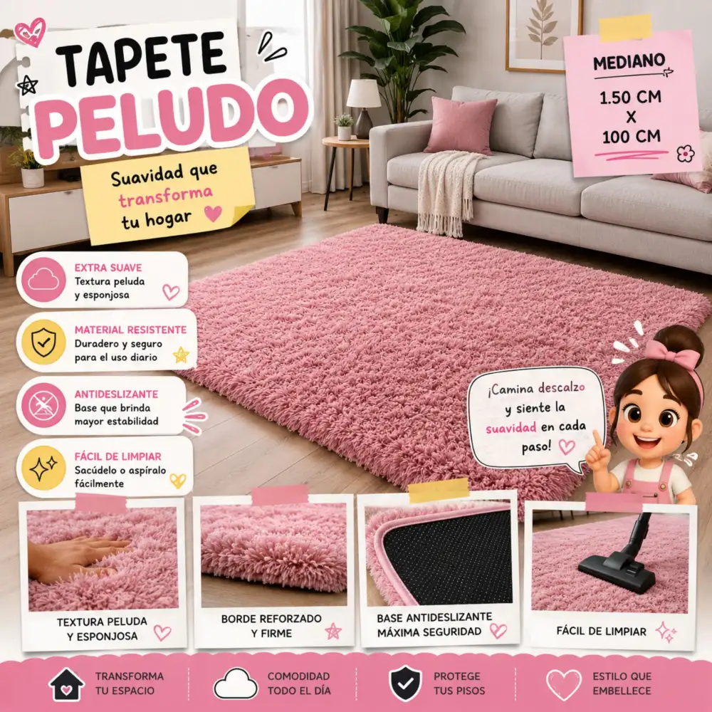 Tapete Decorativo Peludo Tipo Peluche Mediano Alfombra Acolchada Para Sala Y Habitación Rosa