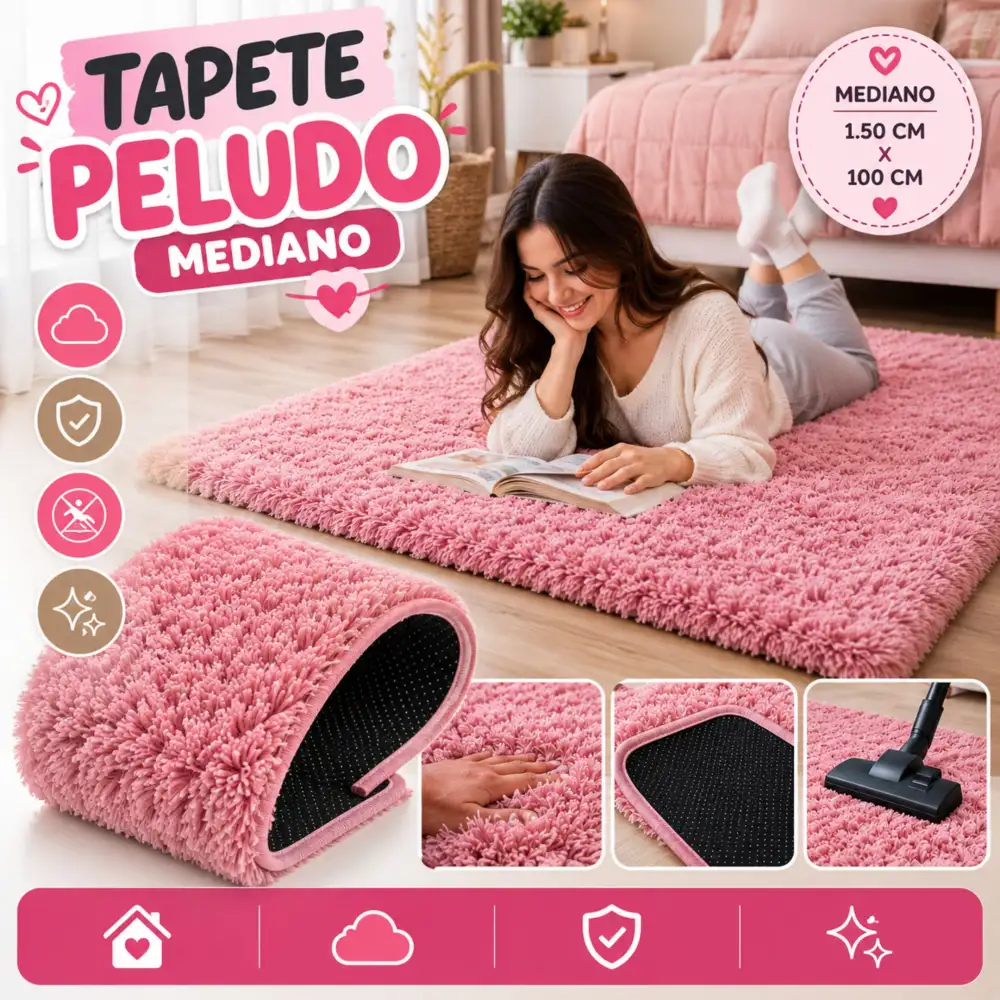 Tapete Decorativo Peludo Tipo Peluche Mediano Alfombra Acolchada Para Sala Y Habitación Rosa