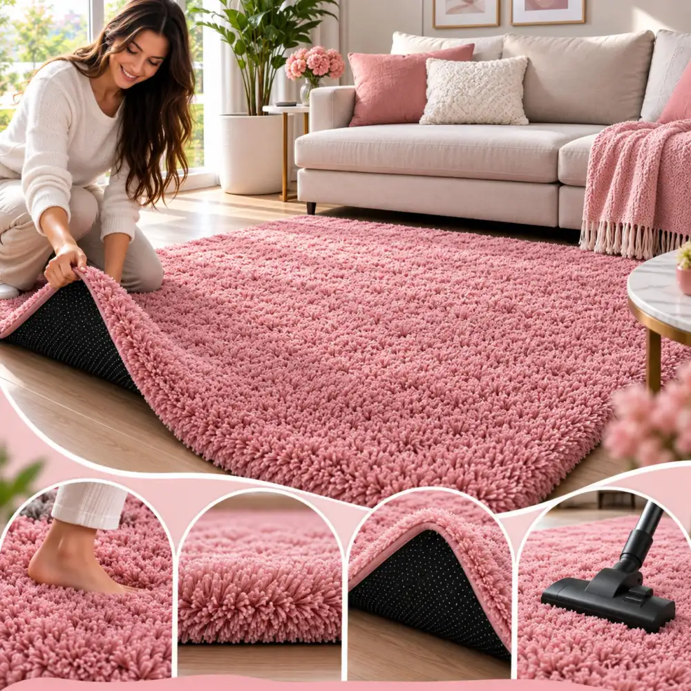 Tapete Decorativo Peludo Tipo Peluche Mediano Alfombra Acolchada Para Sala Y Habitación Rosa