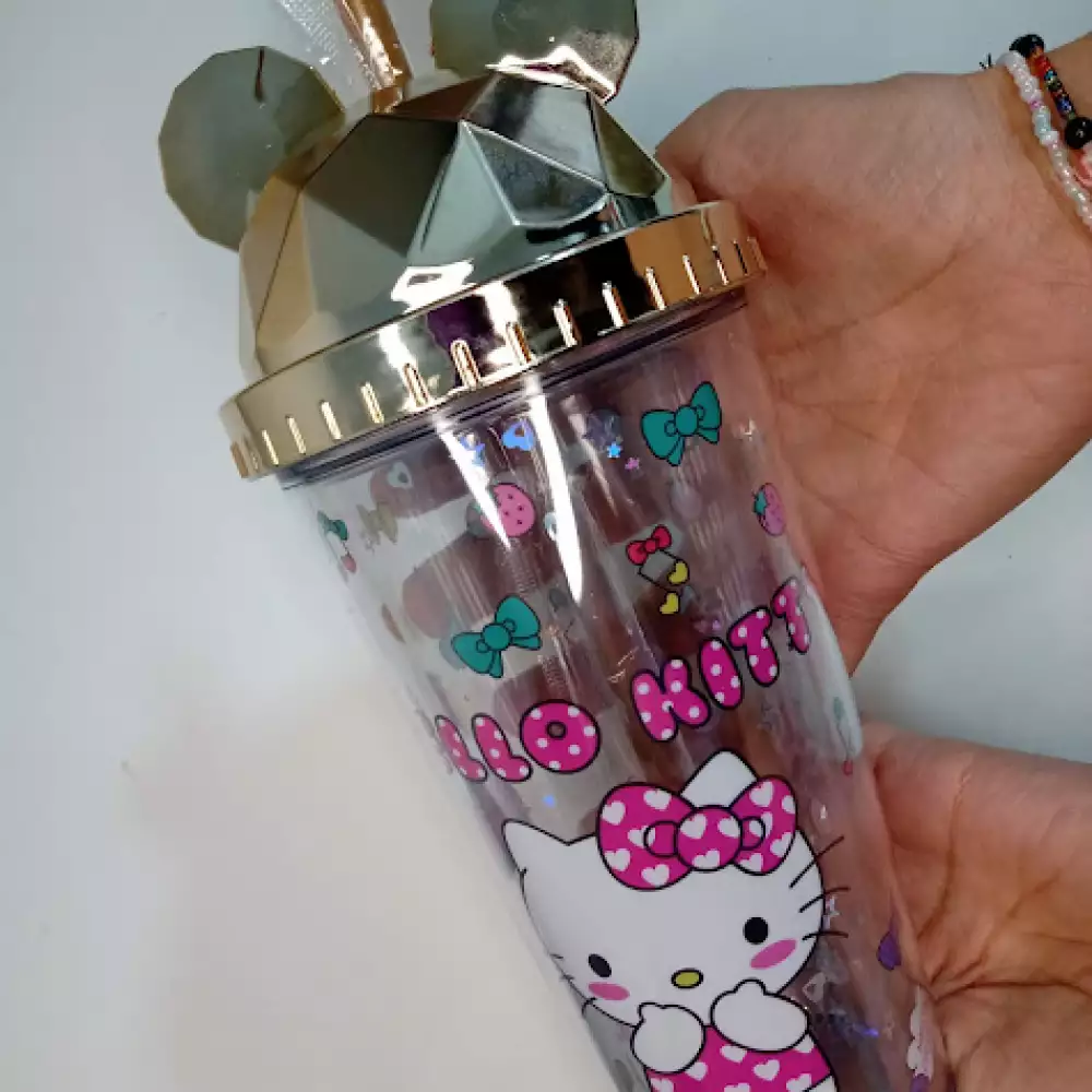 Vaso Hello Kitty Kawaii con Tapa Diamantada y Orejitas