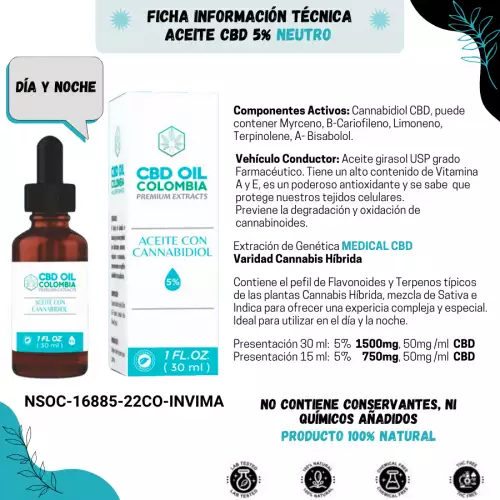 Aceite con CBD (Cannabidiol) 5% Neutro Presentación 30 ml