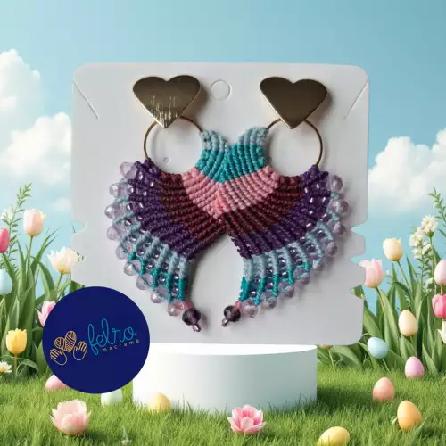 Aretes Alitas, pavo reales, alas de ángel en micro macramé, Rosada