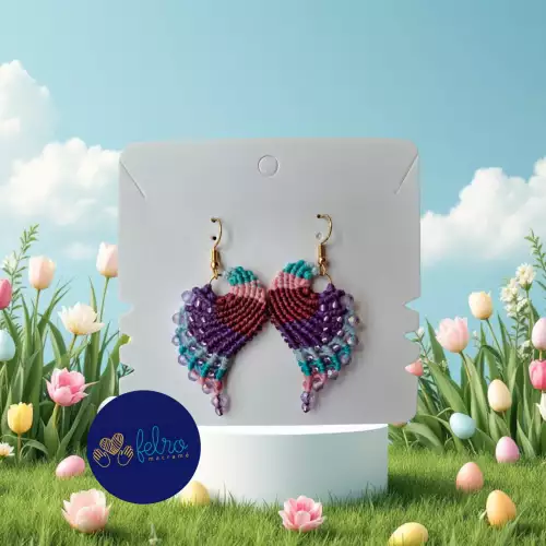 Aretes Alitas, pavo reales, alas de ángel en micro macramé, Rosada