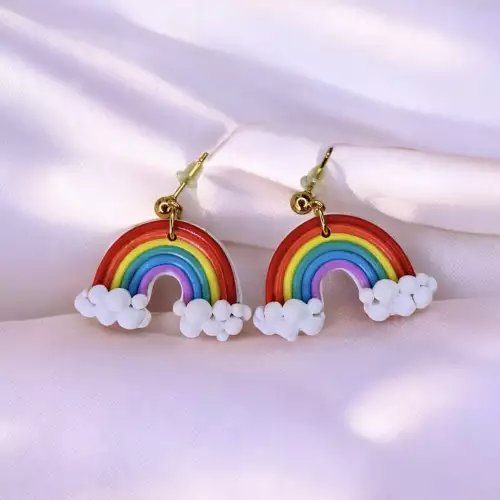 Aretes arco iris con nubes arcilla polimérica acero