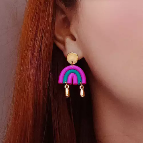 Aretes arcoíris fucsia arcilla polimérica hecho mano