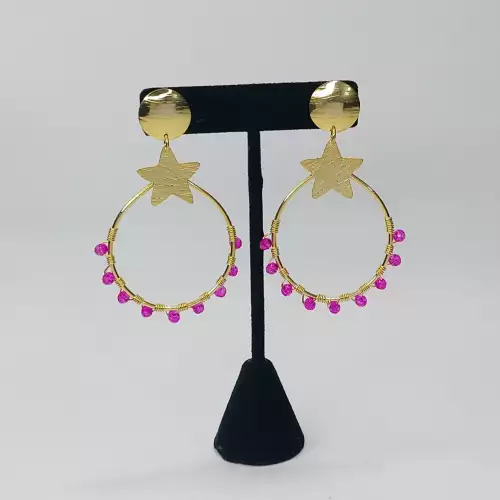 Aretes bronce alambrismo círculo estrella fucsia