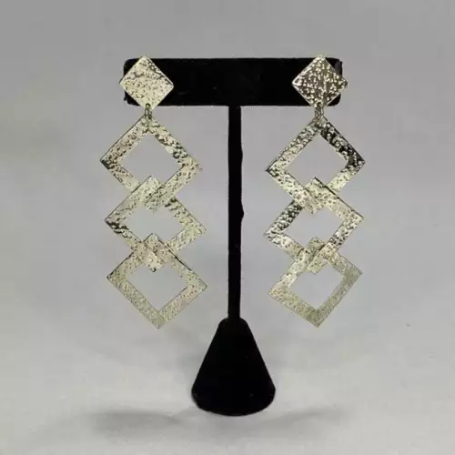 Aretes bronce rectángulo 3 cuadros plateado hueco