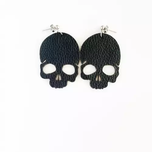 Aretes calavera cuero negro corte láser acero