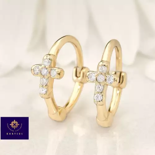 Aretes cruz en plata 925 con baño oro 18K
