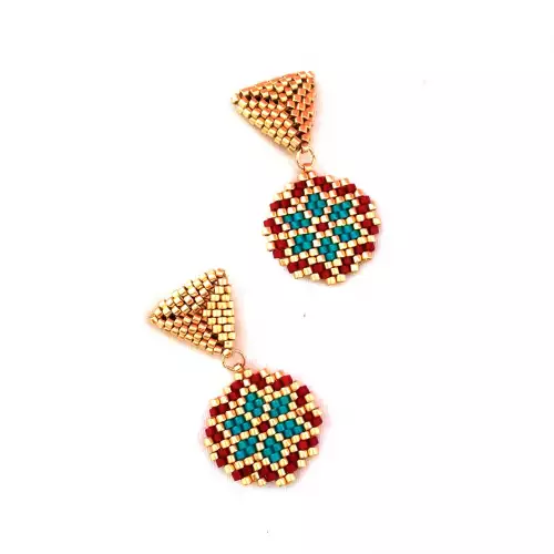 Aretes flor en miyuki rojo y aguamarina con dorado