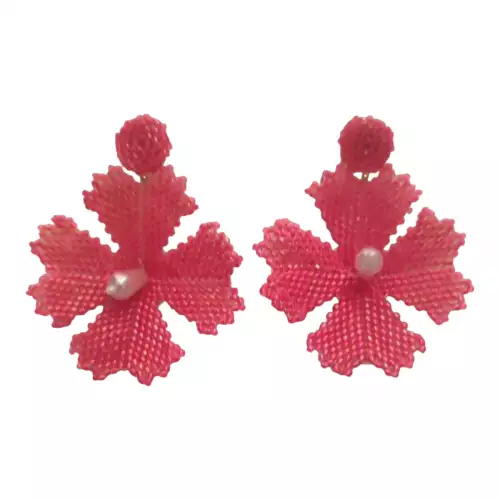 Aretes flor fucsia en miyuki con perla artesanal