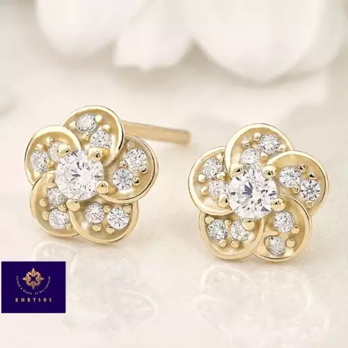 Aretes Flower plata 925 chapado oro 18K gemas blancas