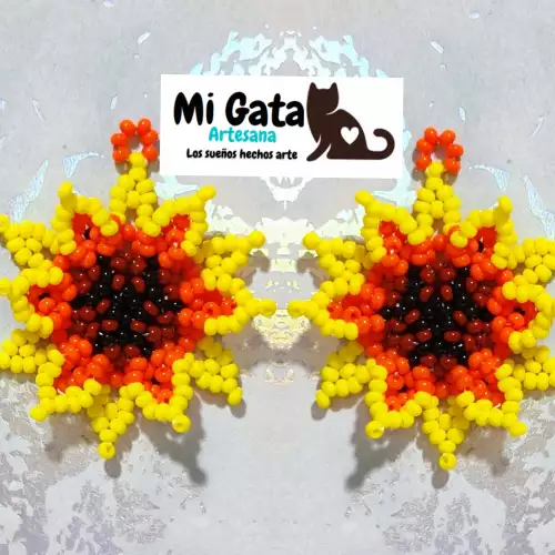 Aretes girasoles 3D tejidos mostacilla checa dorada