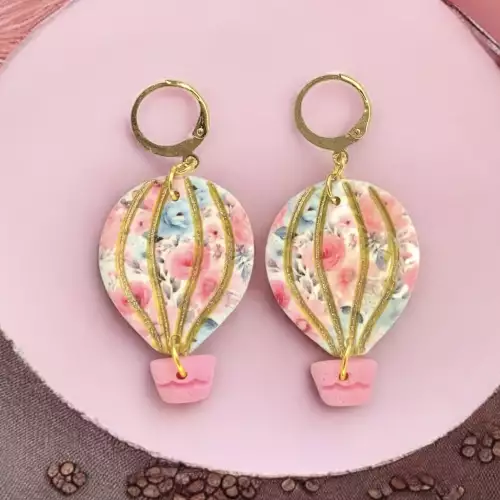 Aretes globos aerostáticos rosados artesanales