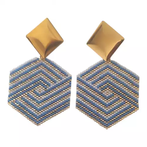 Aretes hexagonales azul dorado con patrón espiral