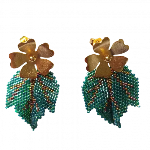 Aretes hojas tropicales verde esmeralda con detalles bronce